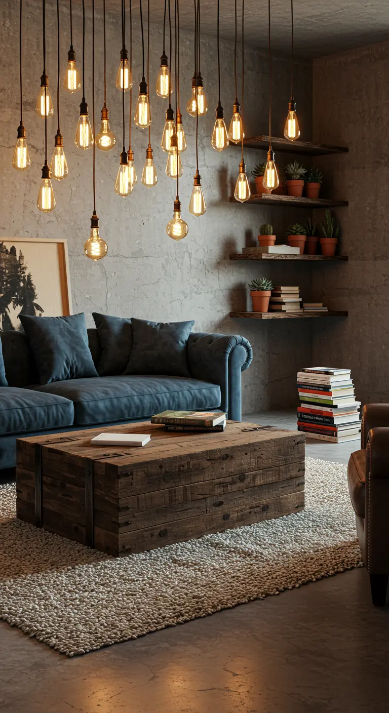 Salón industrial con un conjunto de bombillas Edison colgantes sobre una mesa de madera.