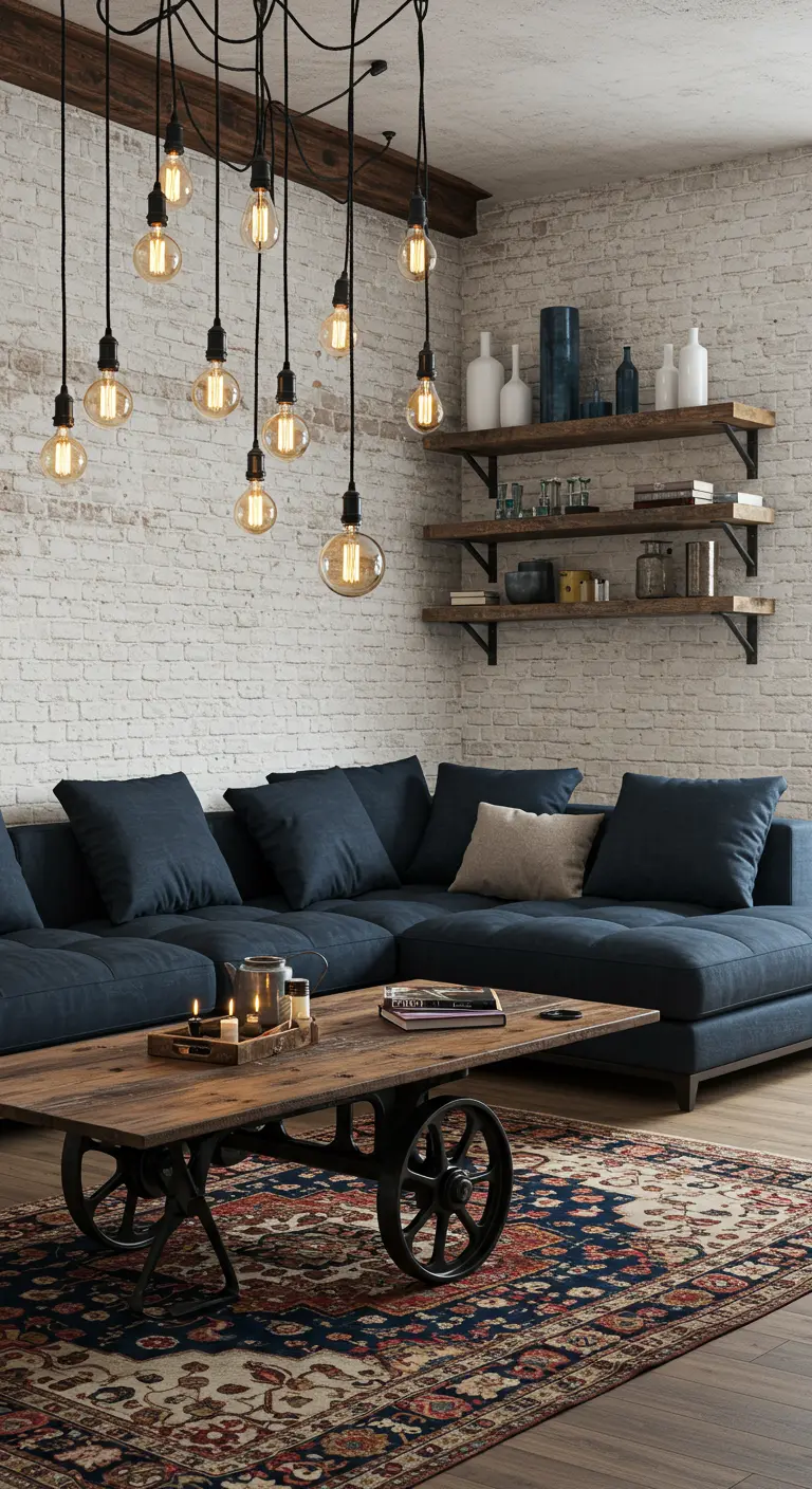 Sala industrial con pared de ladrillo blanco, sofá azul y múltiples bombillas colgantes.