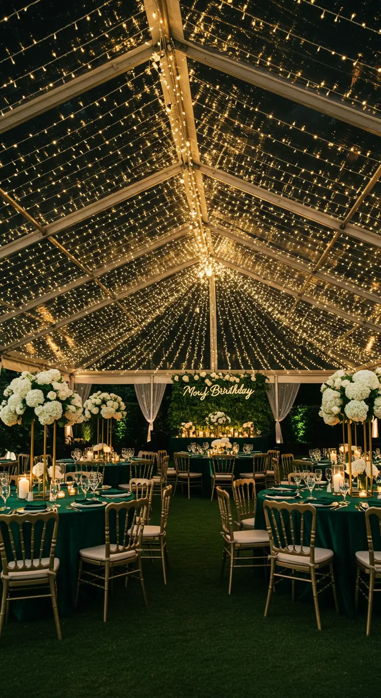 Interior de una carpa transparente de lujo con el techo completamente cubierto de luces de hadas.