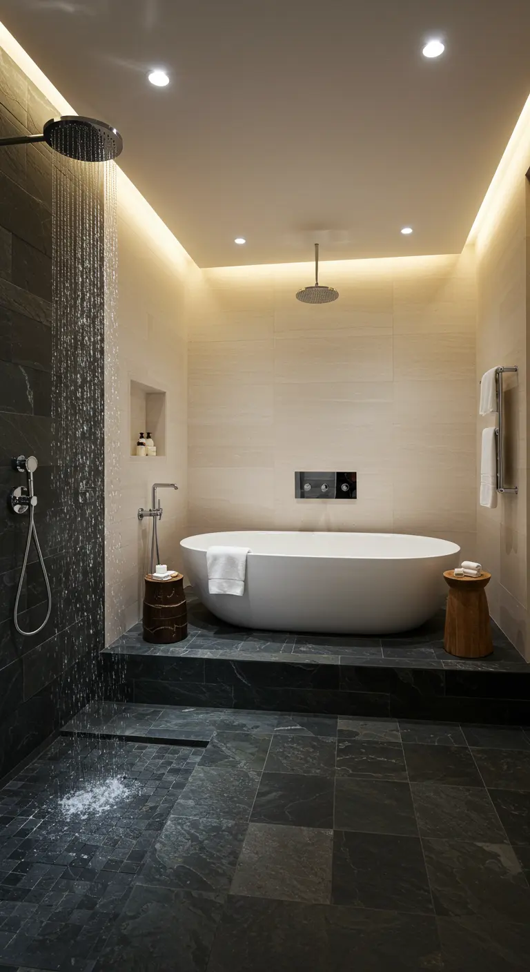 Baño oscuro y lujoso con azulejos de pizarra, bañera exenta y ducha efecto lluvia