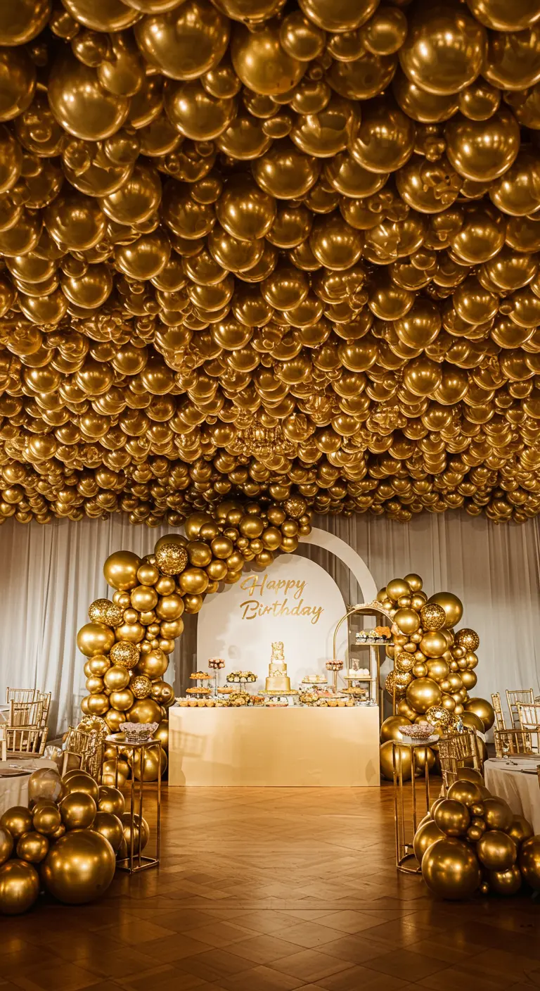Techo cubierto de globos dorados y un arco a juego sobre la mesa de postres.