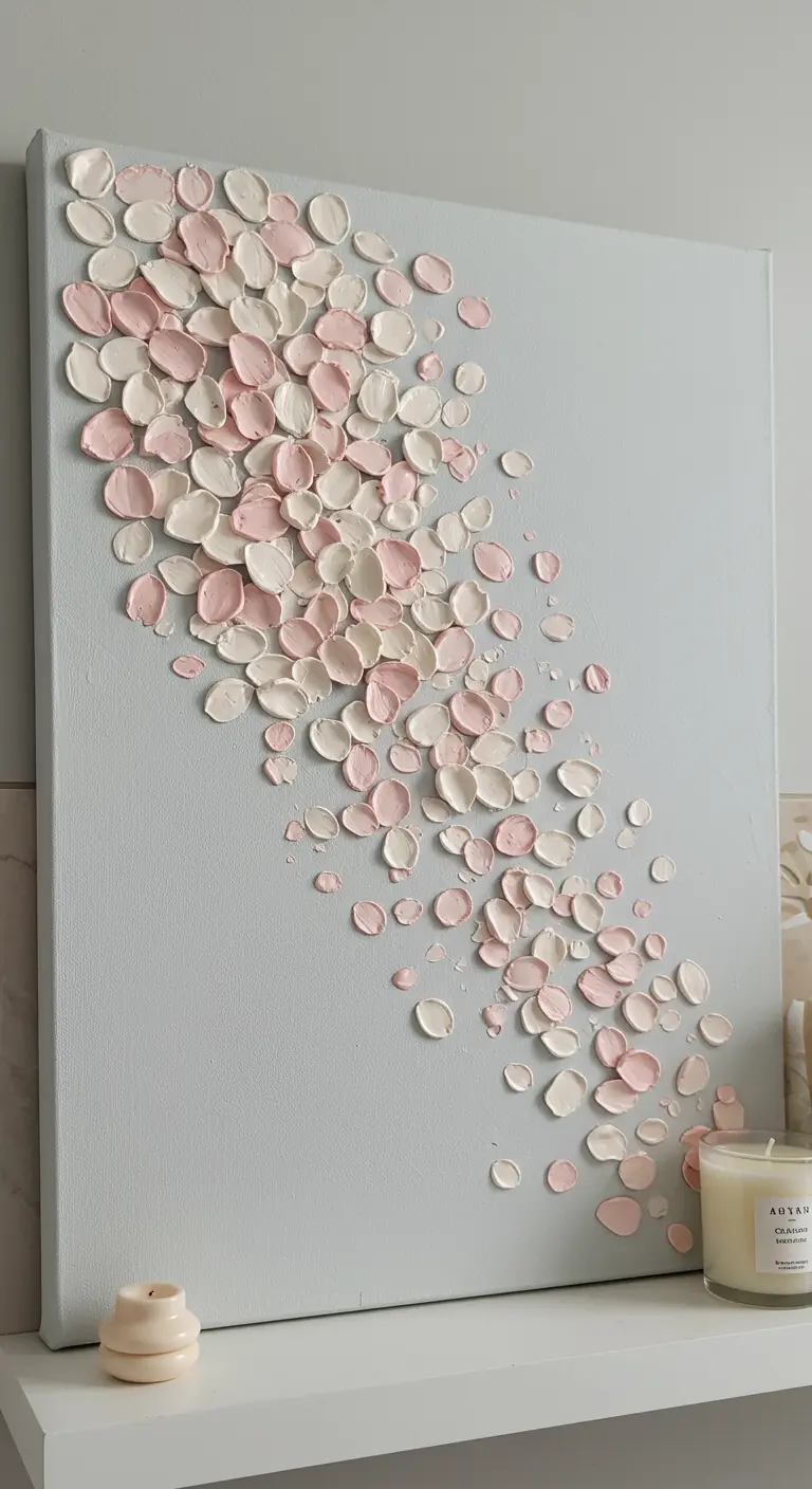 Cuadro con fondo gris y pétalos de flor en relieve blancos y rosados