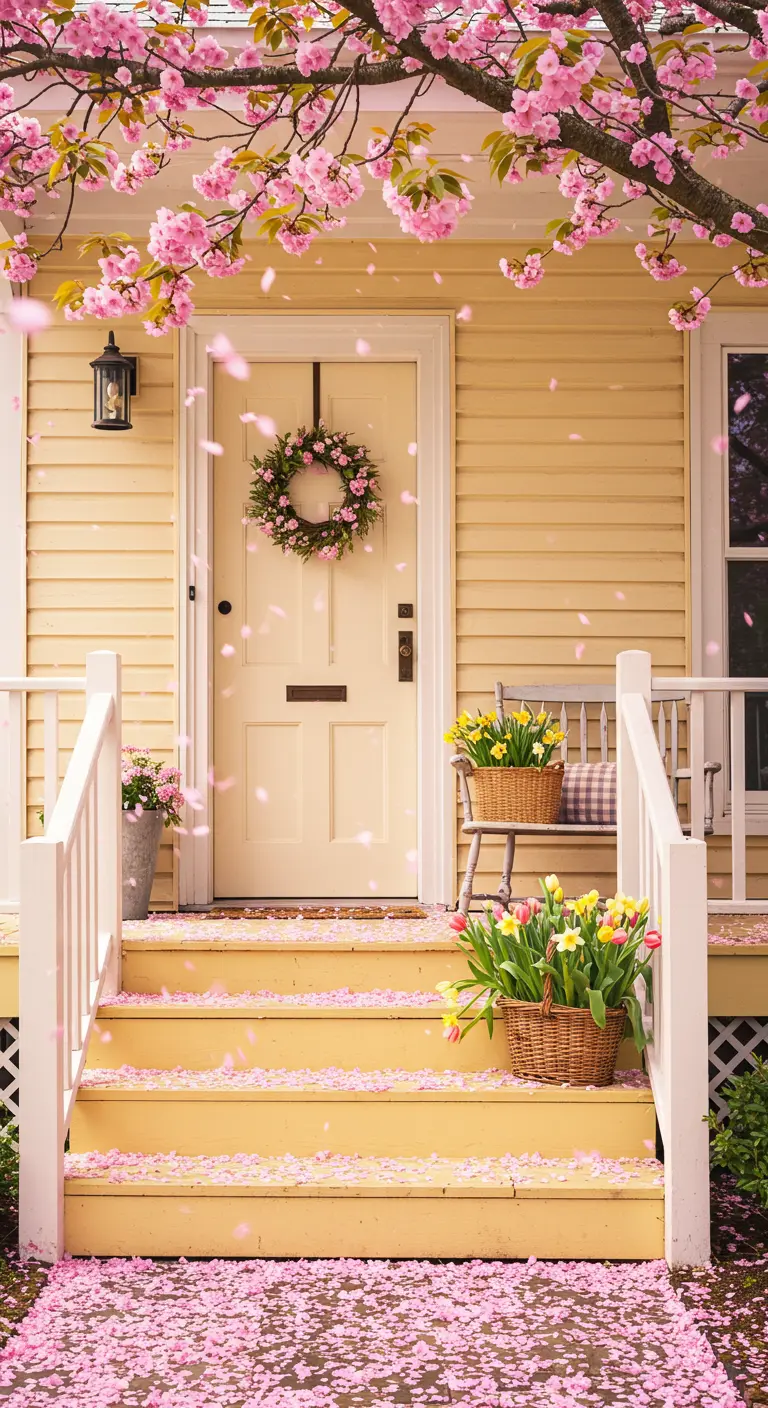 Porche amarillo bañado en pétalos de cerezo rosa, con cestas de tulipanes en los escalones.