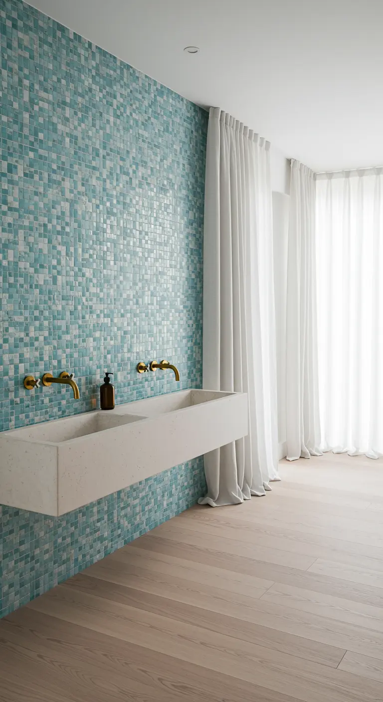 Baño con pared de mosaico en tonos aguamarina y un lavabo doble flotante