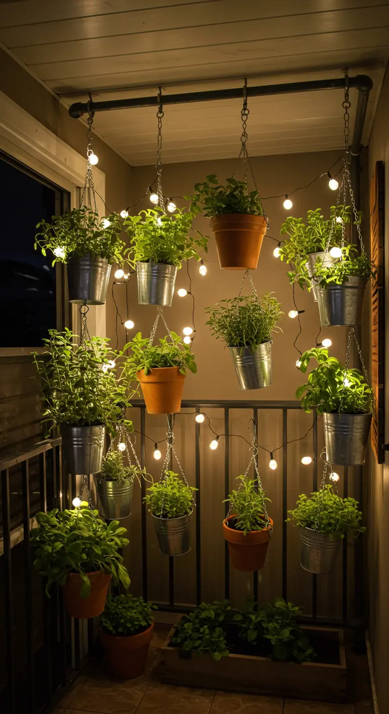 Balcón con macetas de metal y terracota colgando a diferentes alturas, entrelazadas con luces cálidas.