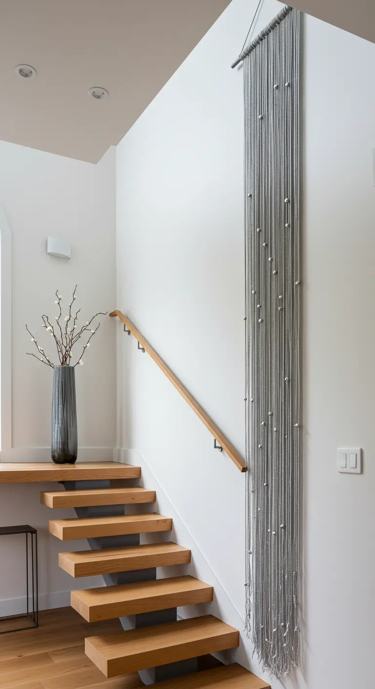 Tapiz de macramé muy largo y estrecho en color gris con cuentas blancas, colgado en la pared de una escalera.