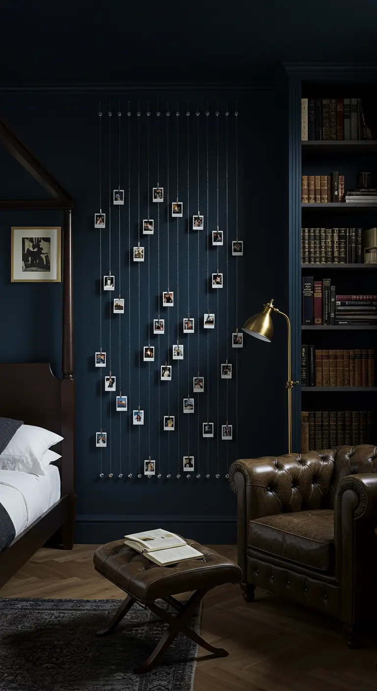 Dormitorio oscuro y elegante con fotos polaroid colgando de hilos verticales con peso.