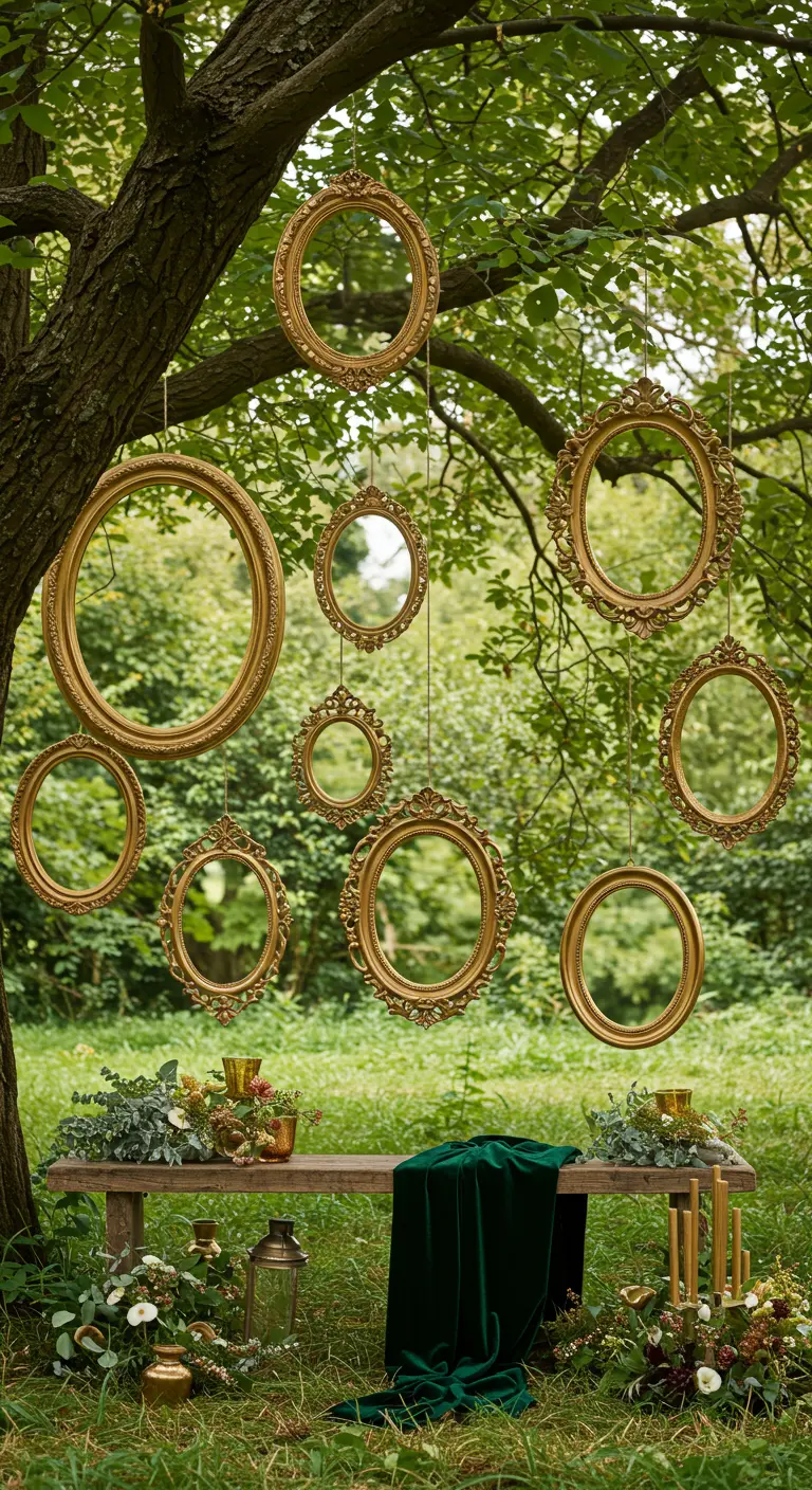 Varios espejos y marcos dorados de estilo vintage cuelgan de las ramas de un árbol sobre un banco de madera.