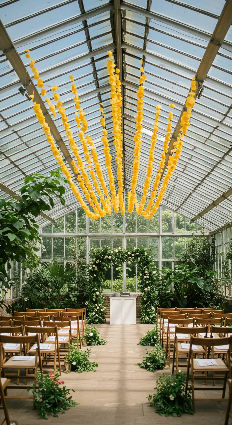 Pasillo de ceremonia en un invernadero con guirnaldas verticales de círculos de papel amarillo colgando del techo.