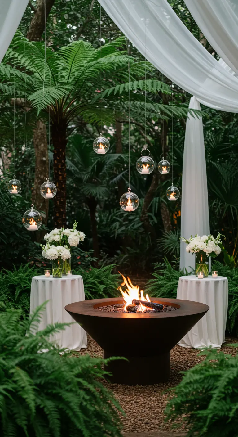 Elegante jardín con un brasero moderno y esferas de cristal con velas colgando de los árboles.