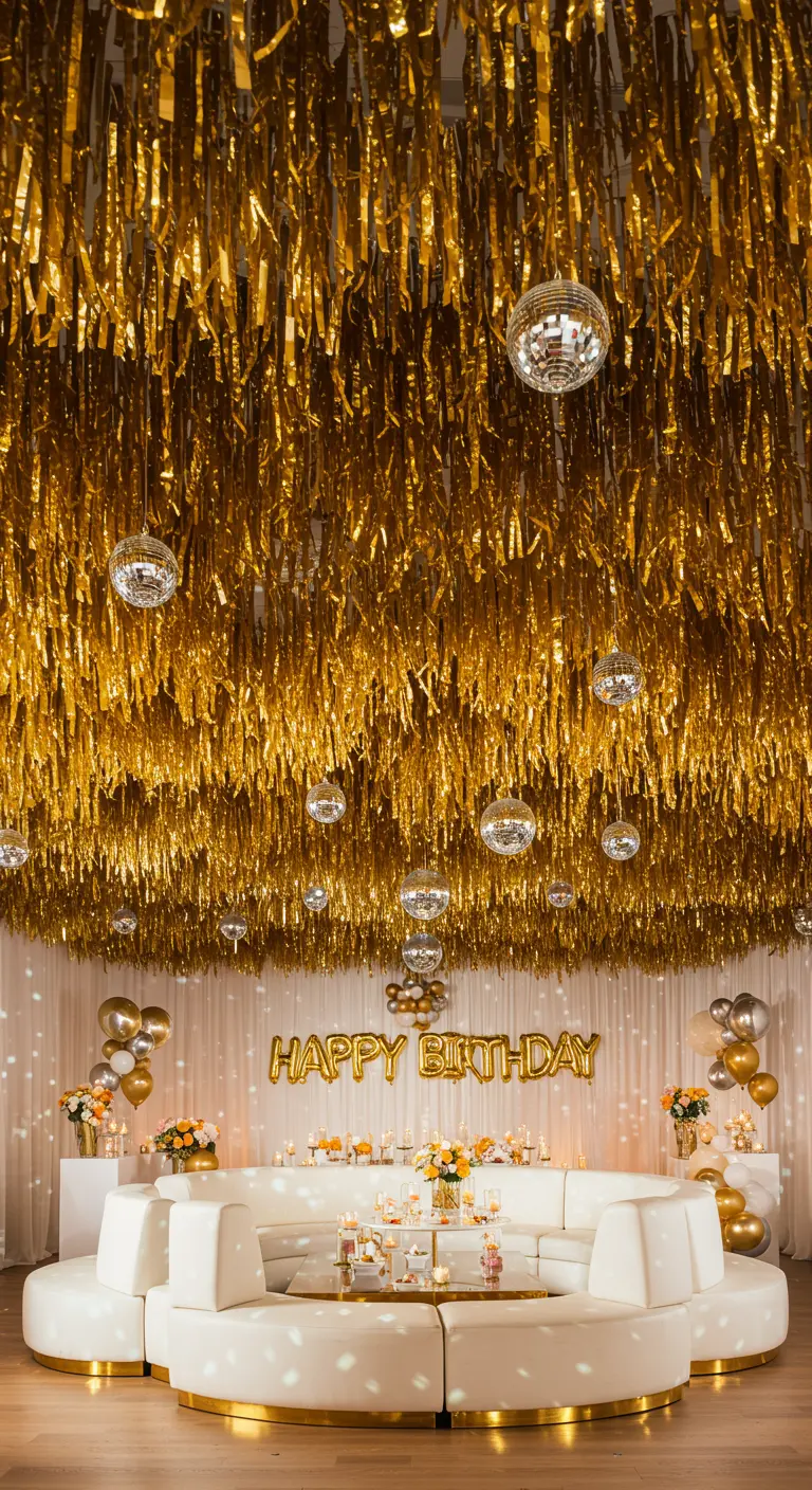 Techo cubierto completamente con flecos dorados y bolas de discoteca sobre un salón blanco.