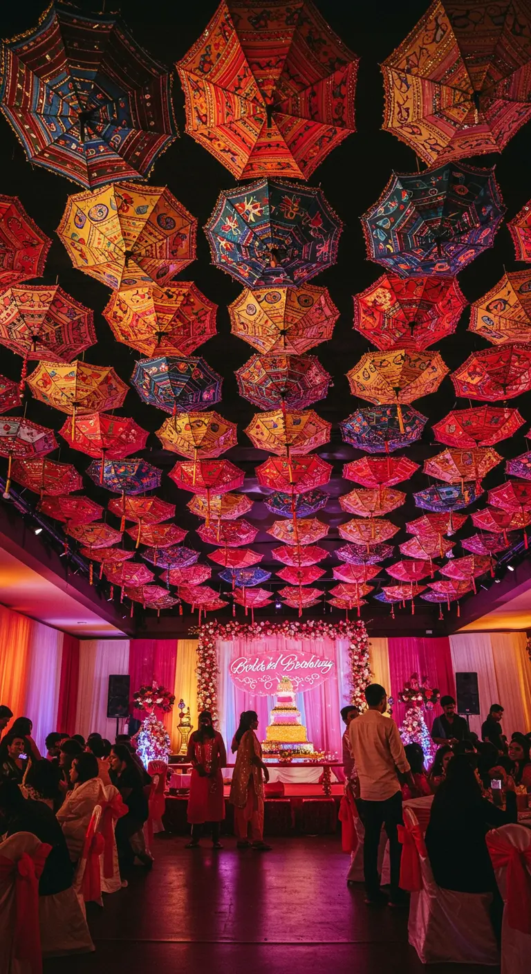 Techo oscuro de un salón de fiestas completamente cubierto con sombrillas indias de colores.