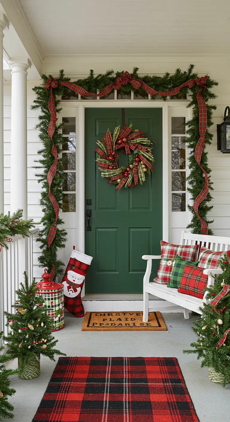 Porche decorado con múltiples elementos de tartán rojo y verde: alfombra, cojines y lazos.