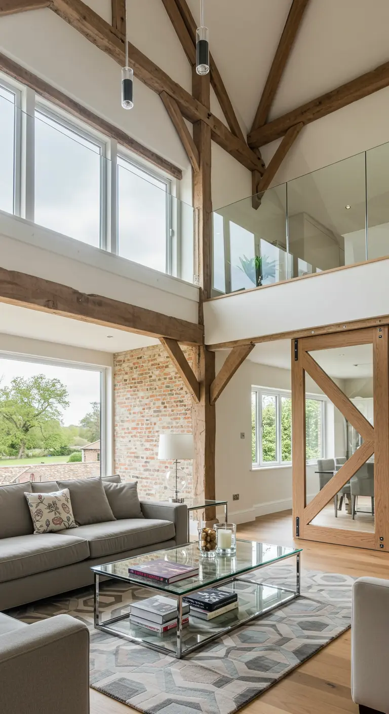 Sala de estar tipo loft con vigas de madera expuestas, doble altura y barandillas de cristal.
