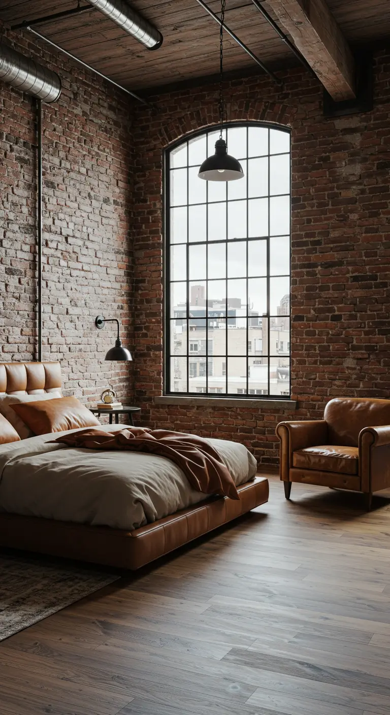 Dormitorio tipo loft industrial con pared de ladrillo y cama de cuero marrón.