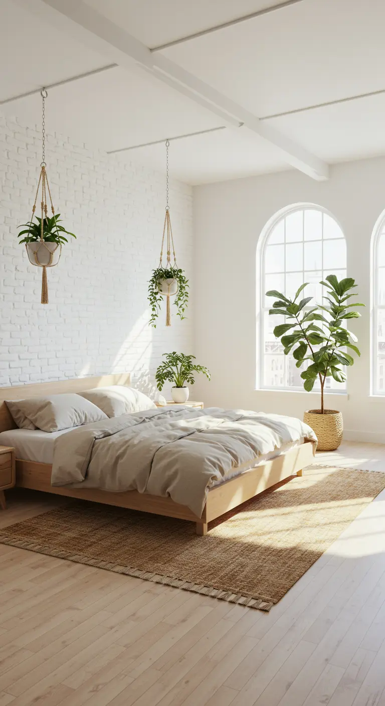 Dormitorio luminoso con pared de ladrillo blanco, cama de madera clara y plantas colgantes