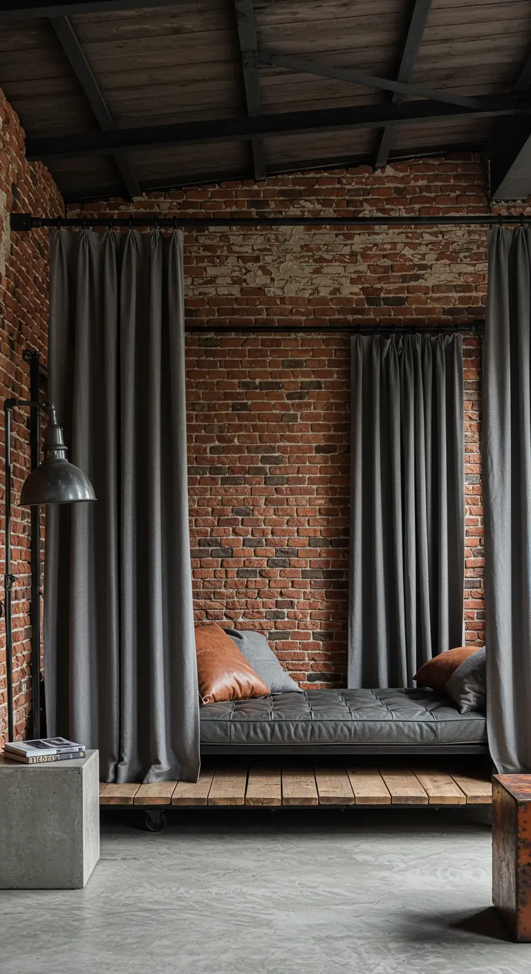 Cama baja sobre palets con cortinas grises en un espacio industrial con pared de ladrillo visto