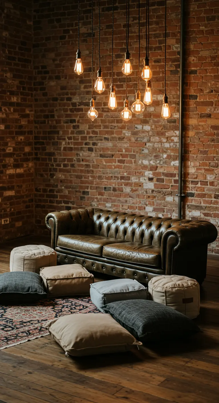 Espacio industrial con sofá Chesterfield, cojines de suelo y bombillas Edison colgantes.
