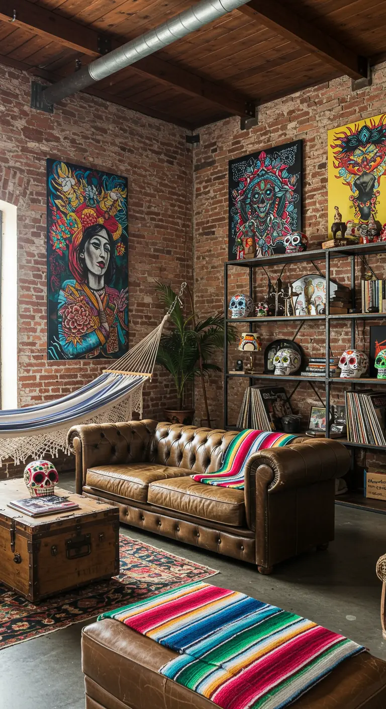 Sala de estilo industrial con pared de ladrillo, sofá de cuero y una decoración vibrante de Día de Muertos.