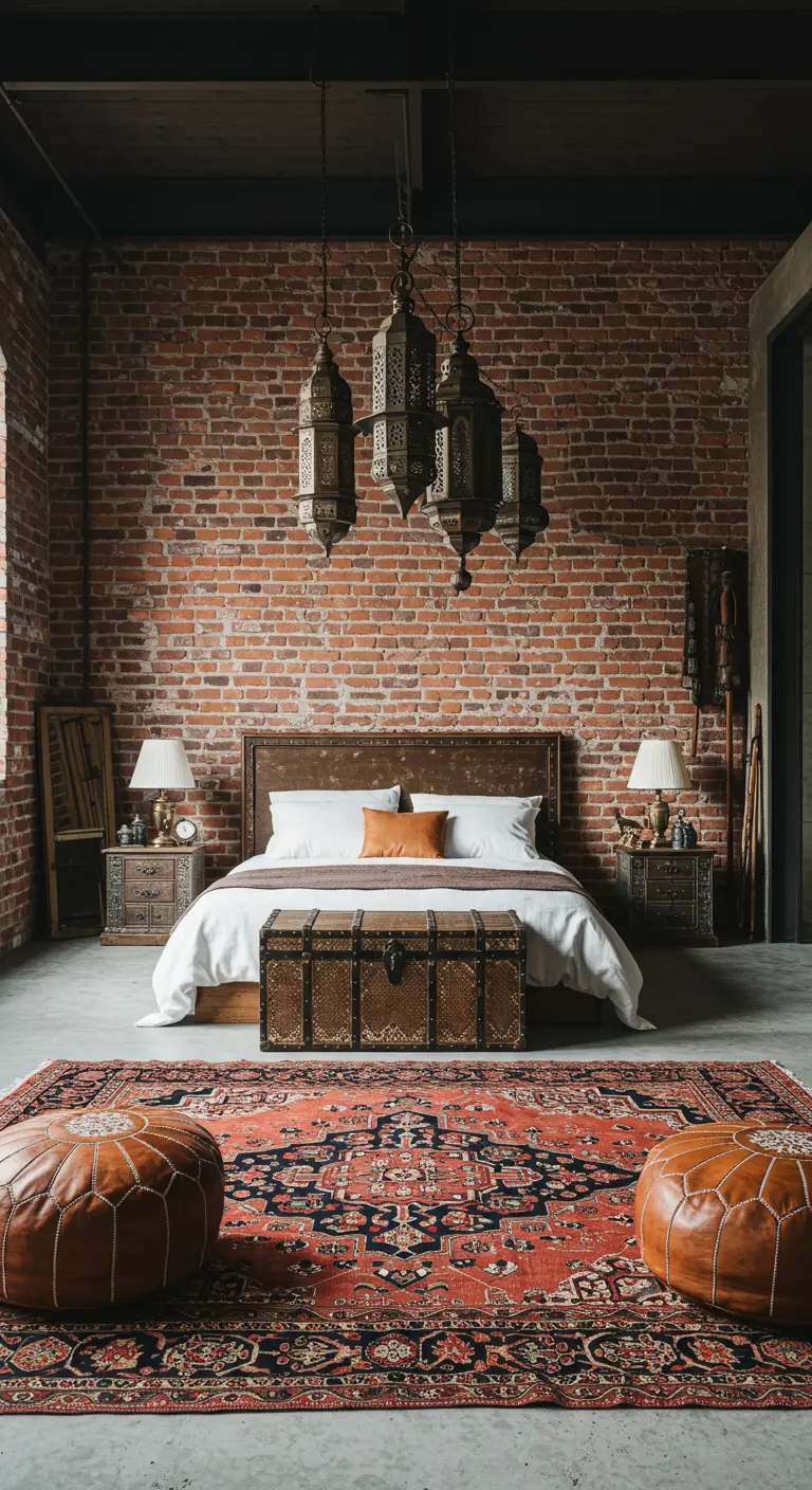 Dormitorio estilo industrial con pared de ladrillo, faroles marroquíes y pufs de cuero