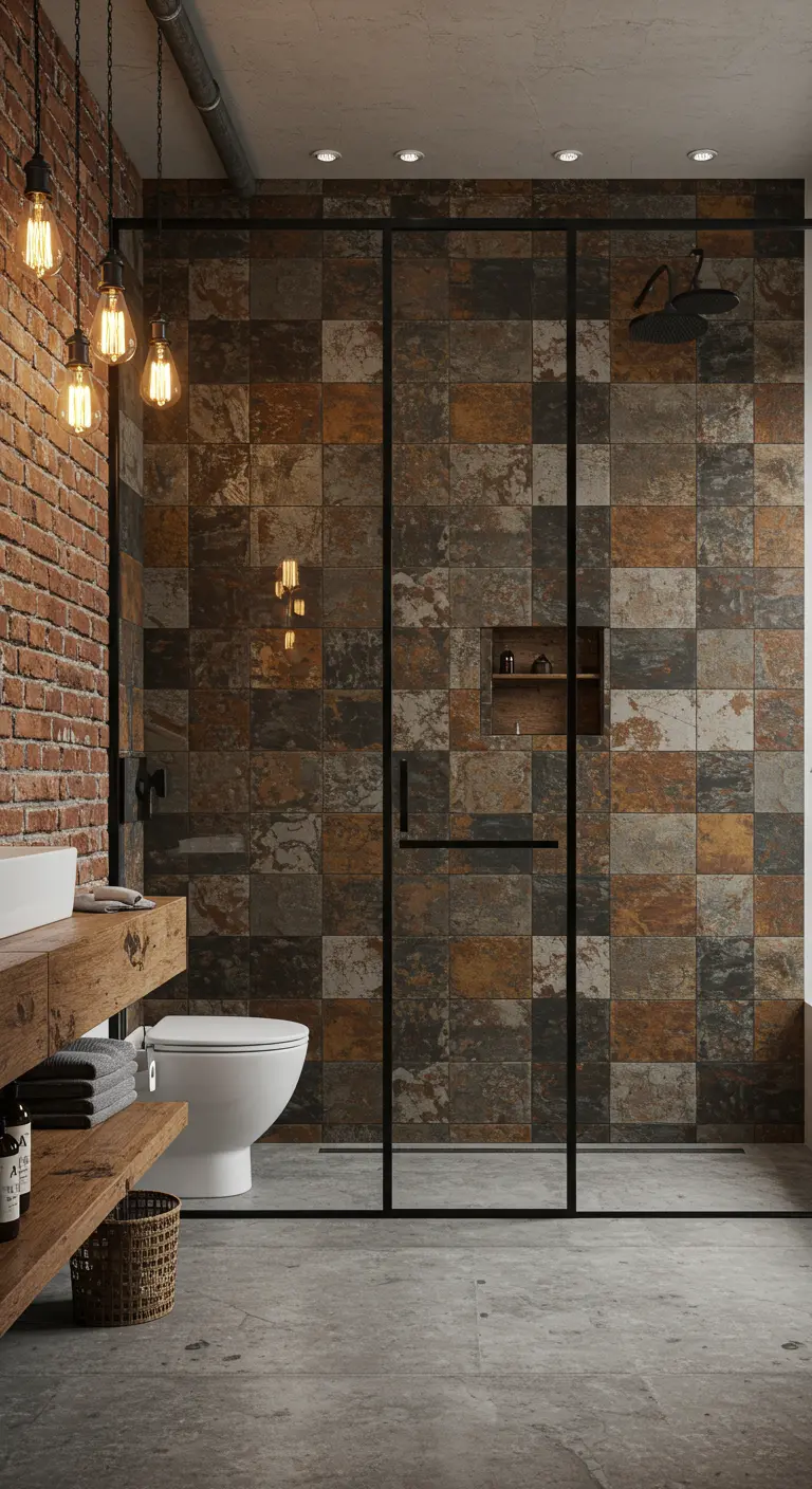 Baño industrial con pared de ladrillo, ducha de mosaicos de pizarra y mampara negra.