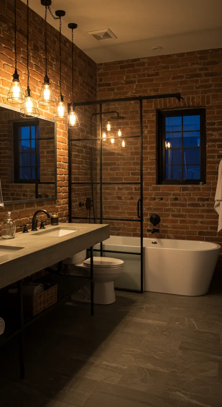 Baño de estilo industrial con pared de ladrillo visto y lámparas colgantes con bombillas de filamento.