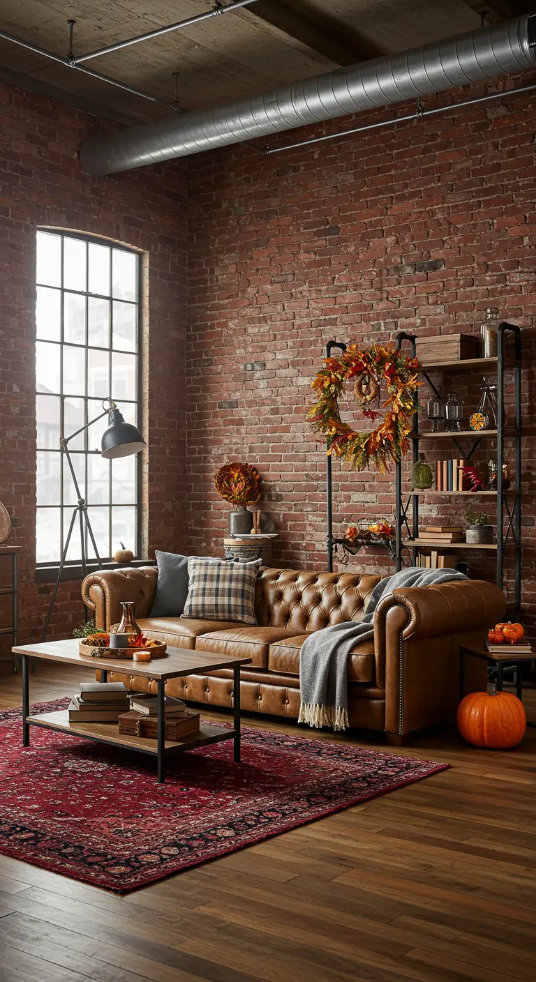 Loft industrial con pared de ladrillo, sofá de cuero y una gran alfombra roja.