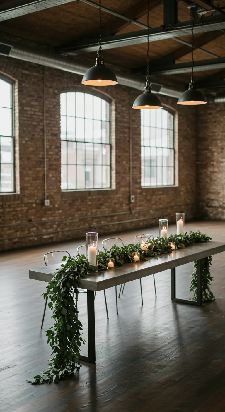 Mesa de comedor de estilo industrial con una guirnalda de eucalipto y velas.
