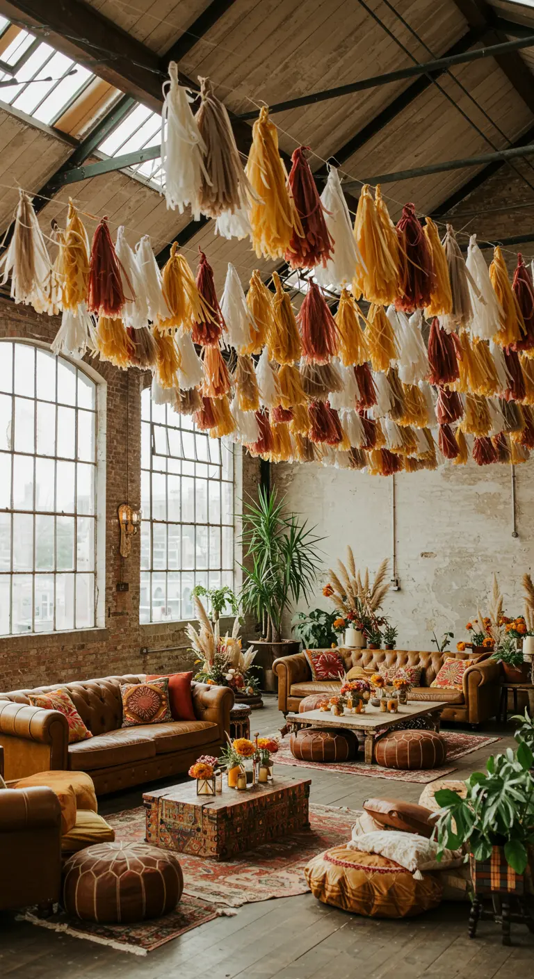 Salón de estilo industrial con un techo alto lleno de borlas de papel en tonos tierra.
