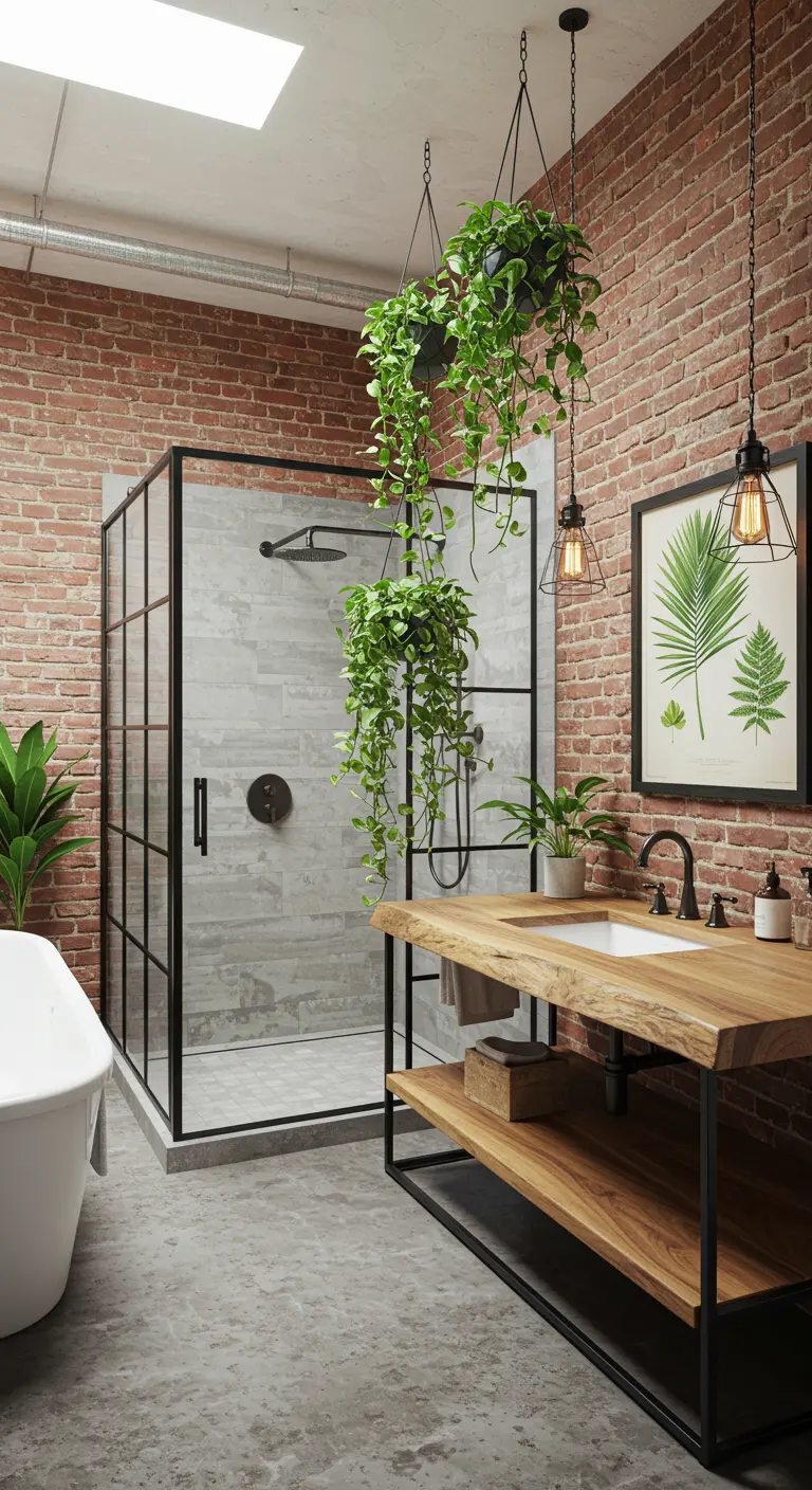 Baño de estilo industrial con pared de ladrillo, ducha con marco negro y plantas colgantes
