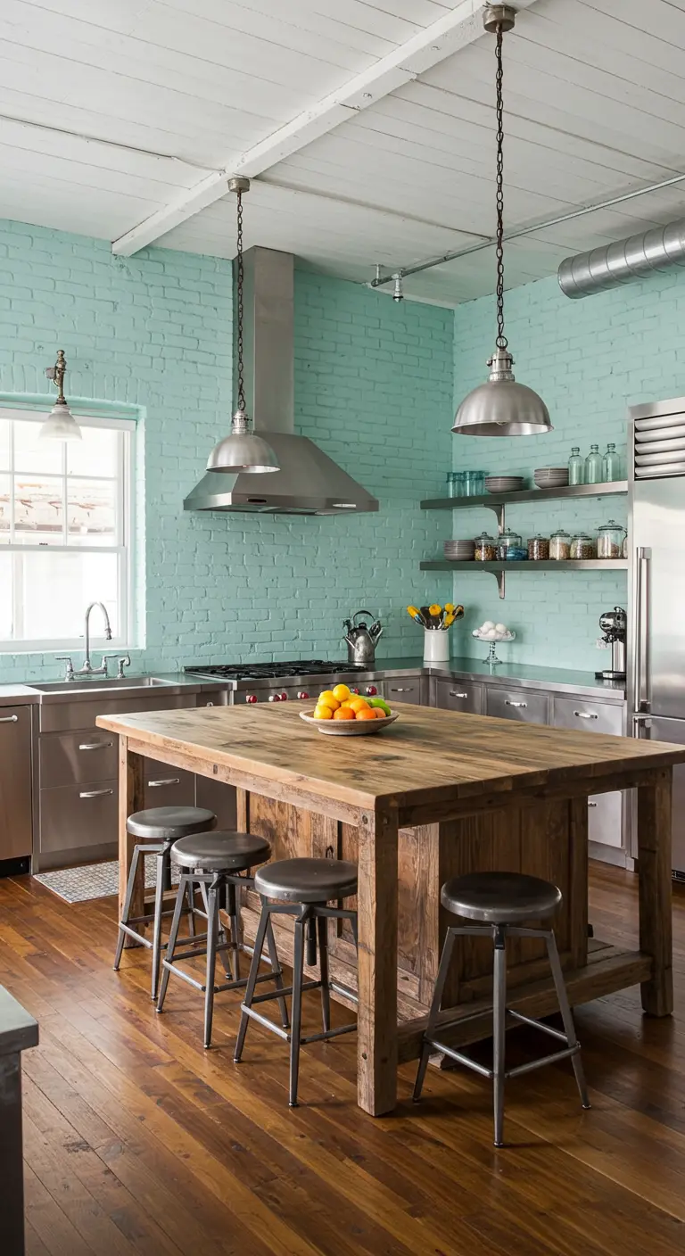 Cocina industrial con pared de ladrillo pintada de menta y lámparas metálicas.