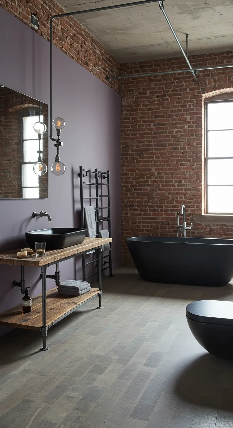 Baño de estilo industrial con pared de ladrillo, pared malva y sanitarios negros