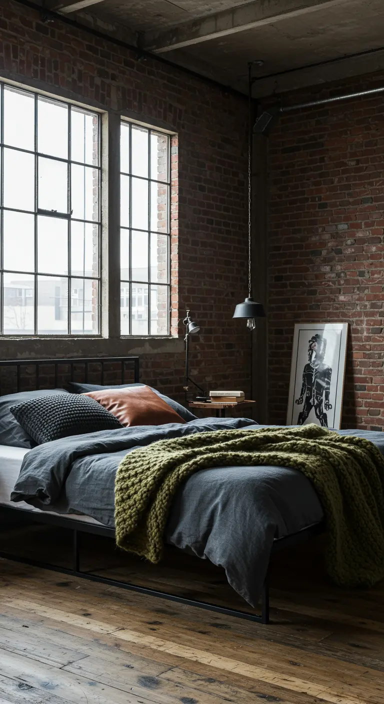 Dormitorio industrial con pared de ladrillo, cama oscura y manta verde oliva de punto.