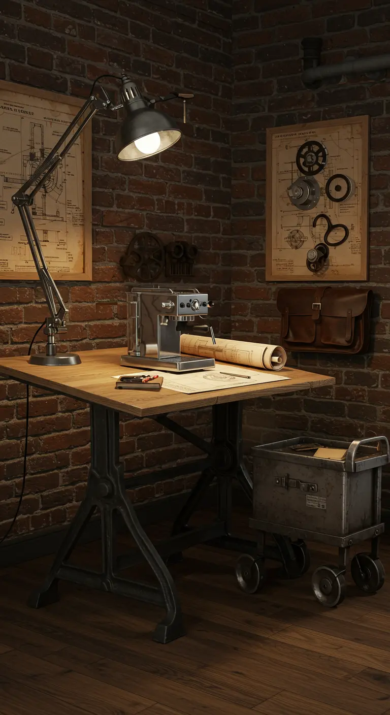 Escritorio de estilo industrial con base de metal frente a una pared de ladrillo.