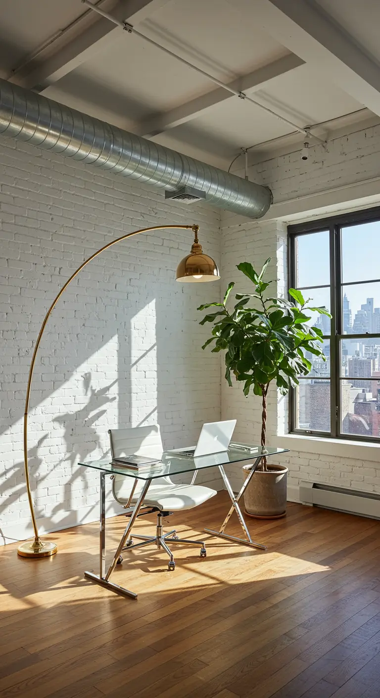 Home office con pared de ladrillo blanco, escritorio de cristal y una gran lámpara de arco dorada.