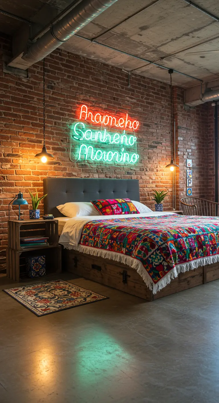 Dormitorio estilo loft con pared de ladrillo, letrero de neón y colcha mexicana colorida.