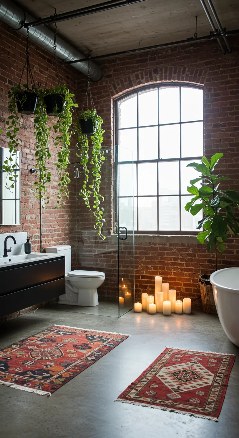 Baño industrial bohemio con pared de ladrillo, plantas colgantes y alfombras persas.