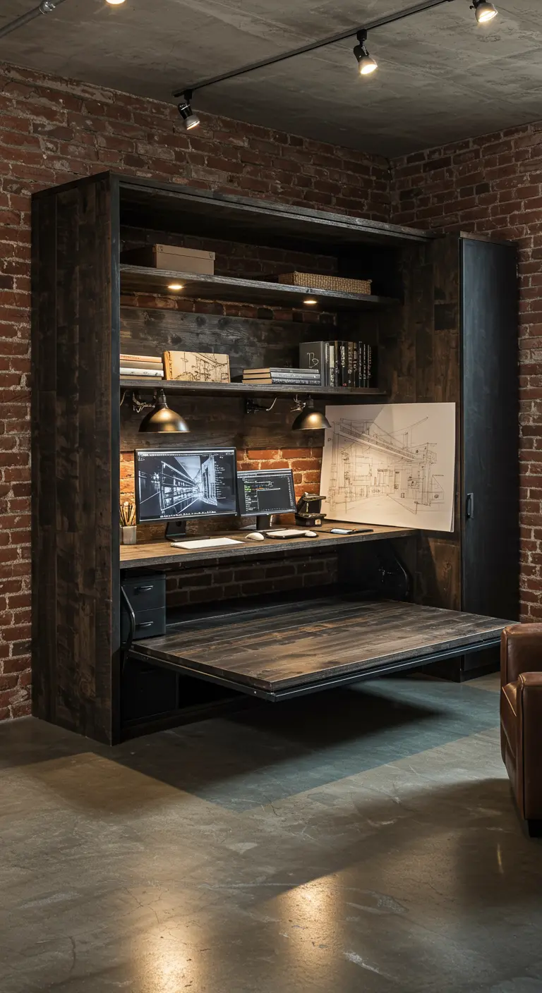Mueble multifuncional de estilo industrial con cama abatible y un gran escritorio de madera oscura.