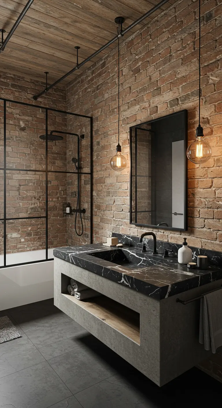 Baño de estilo industrial con pared de ladrillo, lavabo de mármol negro y hormigón, y ducha con marco negro