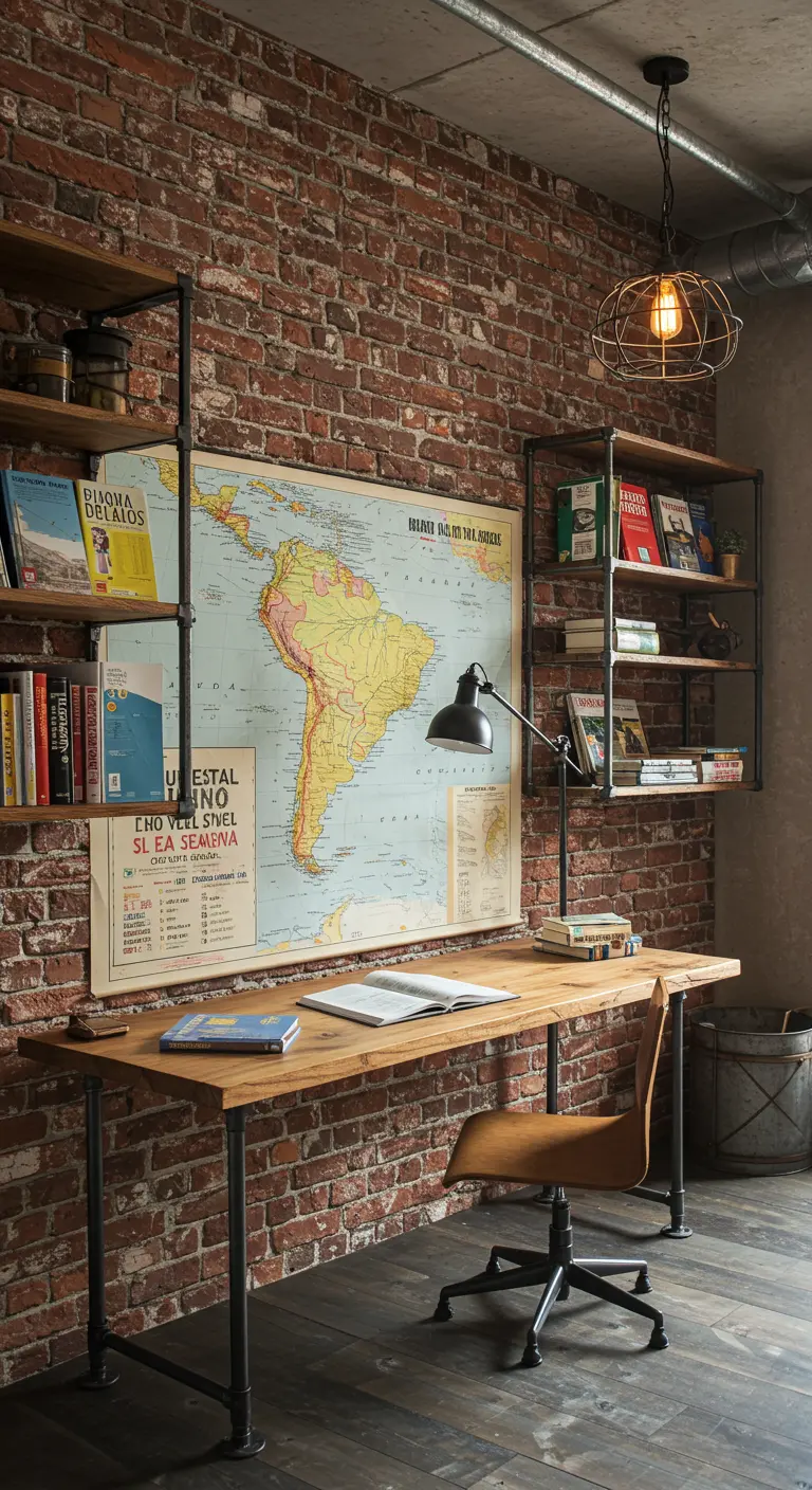 Espacio de estudio industrial con pared de ladrillo, mapa de Sudamérica y estanterías metálicas.