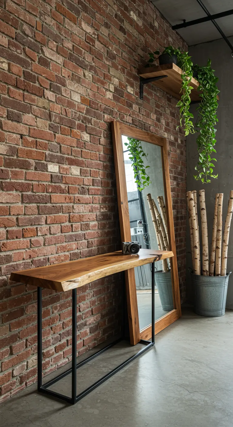 Recibidor industrial con pared de ladrillo, consola de madera y troncos de abedul.