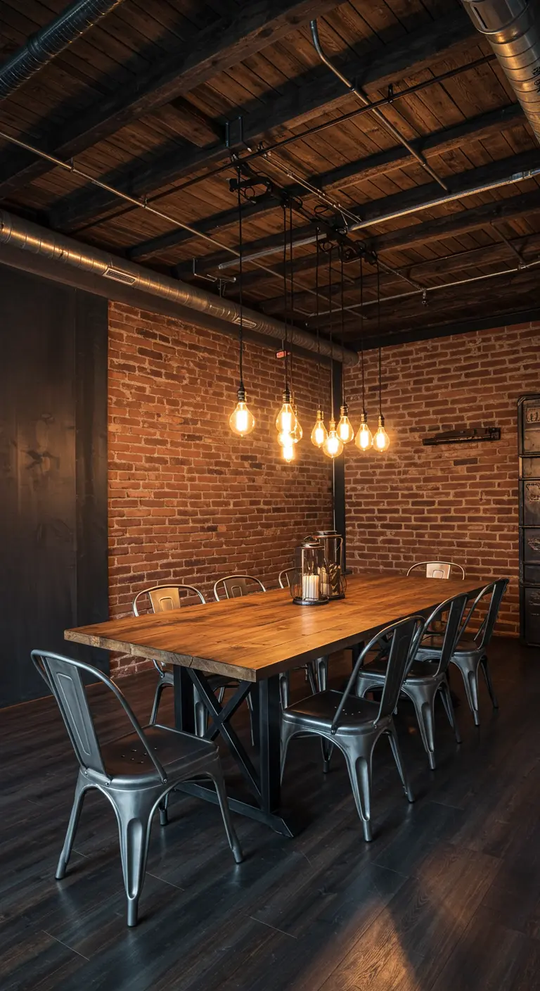 Comedor industrial con techo de madera oscura, pared de ladrillo y sillas metálicas