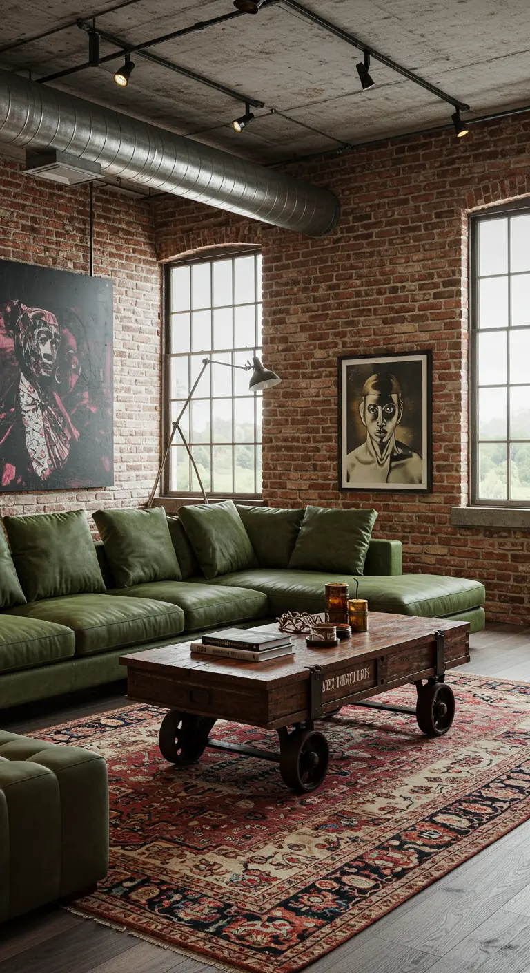 Sala de estar industrial con pared de ladrillo, sofá de cuero verde y mesa de centro con ruedas.