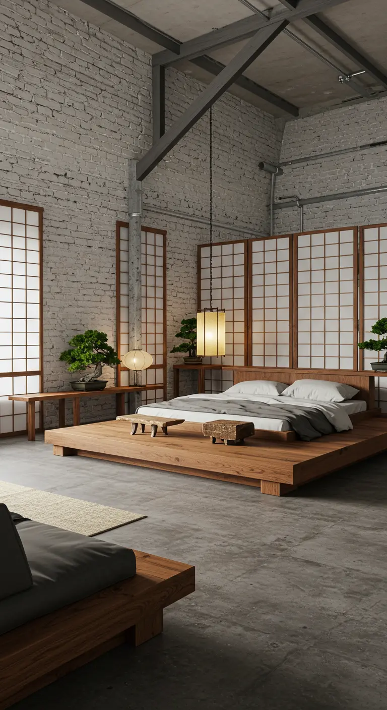 Dormitorio estilo loft industrial con paredes de ladrillo, cama japonesa y biombos shoji.