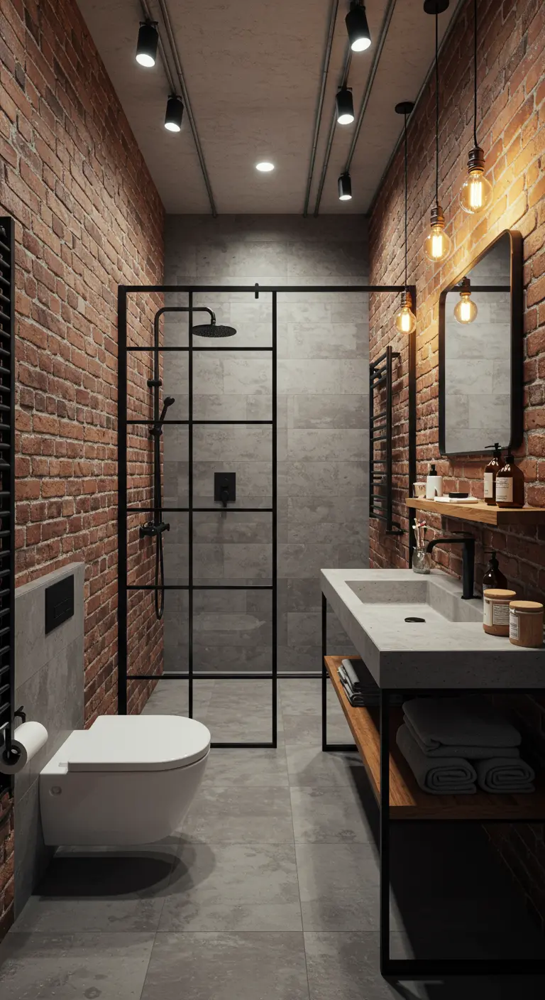 Baño industrial con pared de ladrillo, mampara negra y lavabo de hormigón
