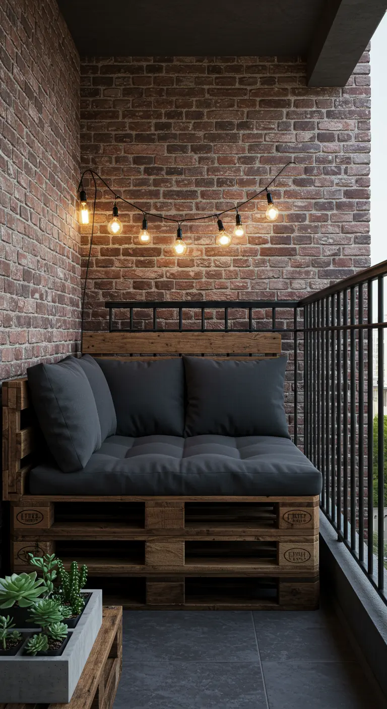 Balcón de estilo industrial con sofá de palets oscuro, pared de ladrillo y luces de filamento.