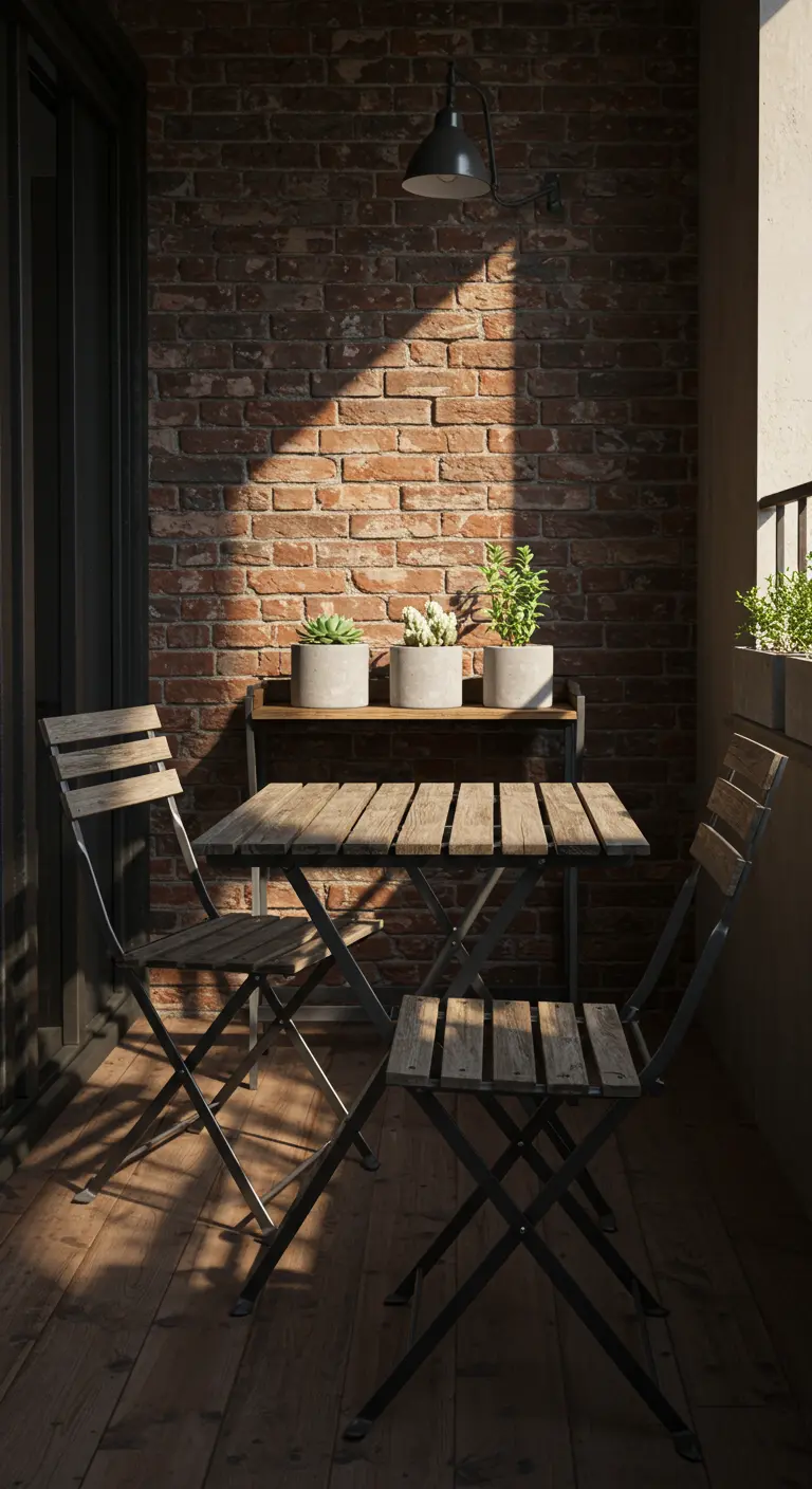 Mesa y sillas plegables de madera y metal en un balcón con pared de ladrillo visto.