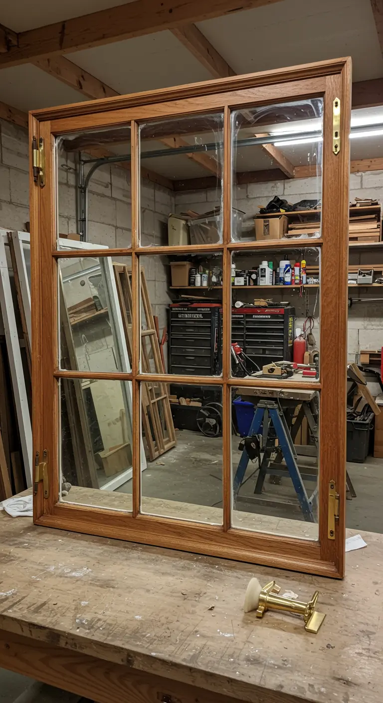 Espejo de ventana con marco de madera de roble y herrajes de latón brillante