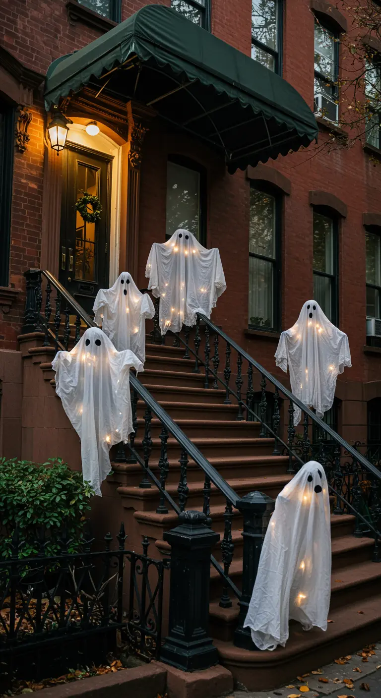 Escalera de entrada con varios fantasmas hechos de sábanas blancas iluminadas flotando.