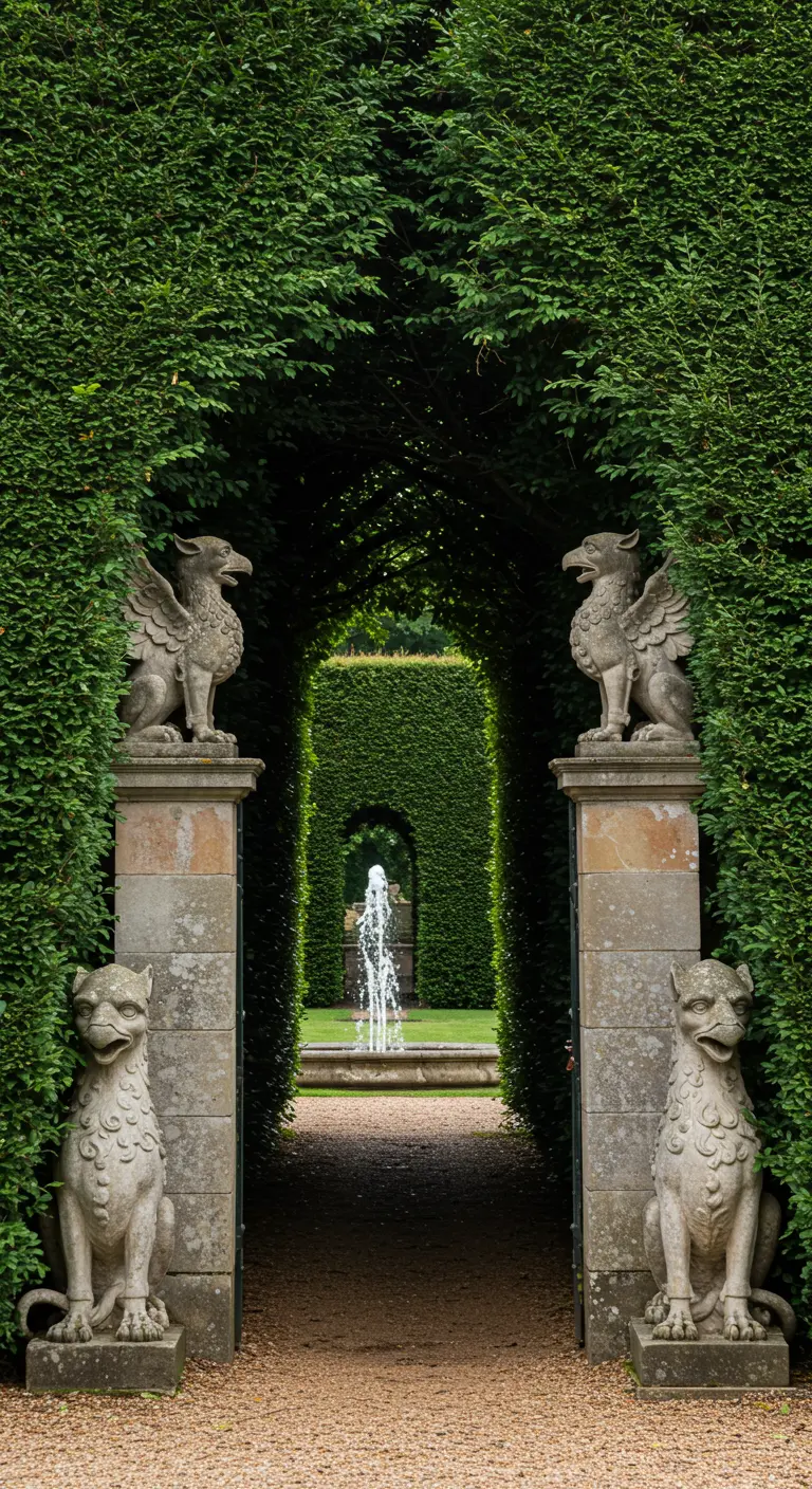 Entrada a un jardín a través de un arco de setos, flanqueada por estatuas de grifos.